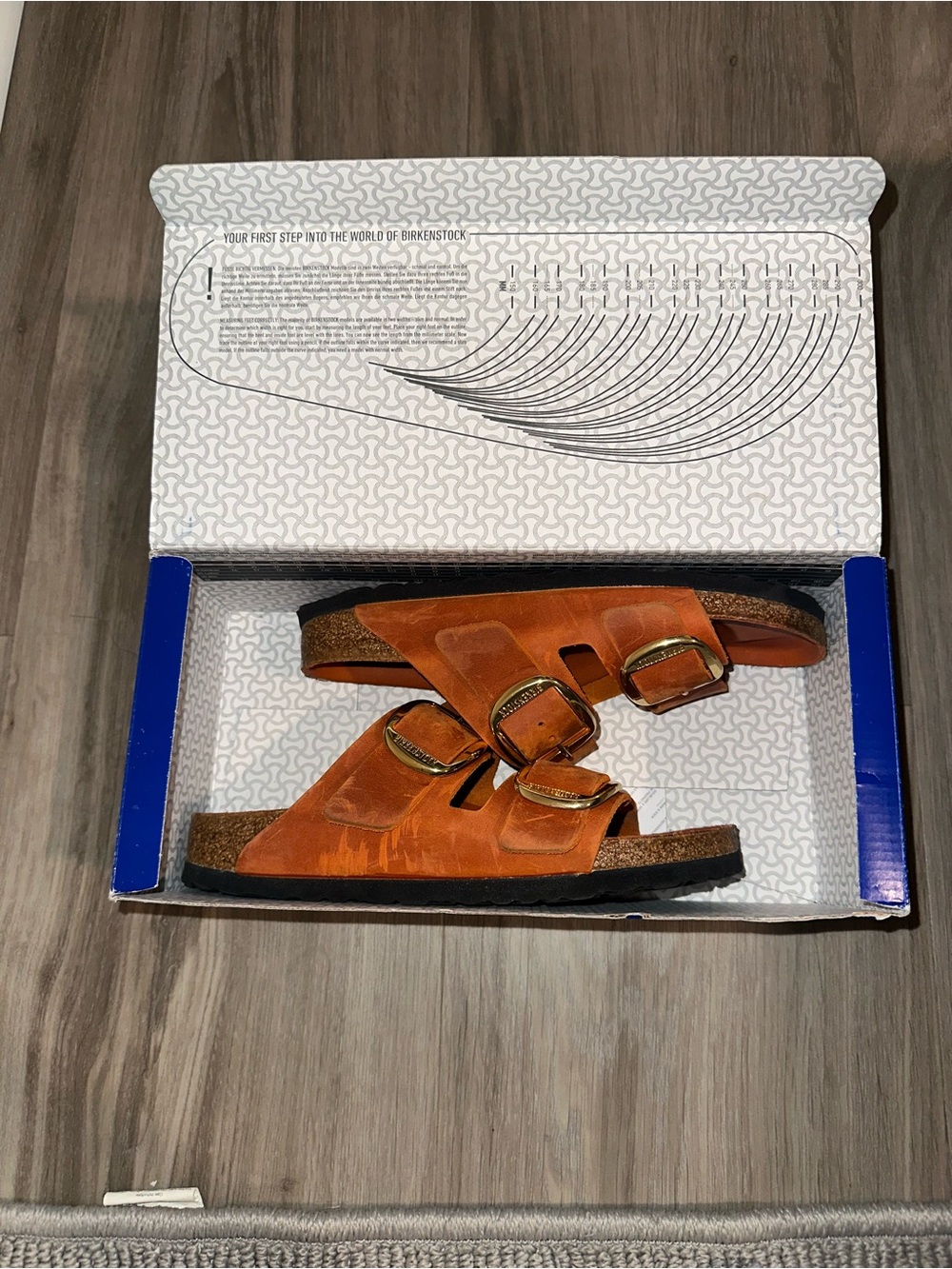 Birkenstock Arizona Orange Suede Sandals with Gold Buckles - Picture 5 of 6